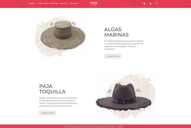 Pagina web hook donde aparecen sombreros con sus descripciones.